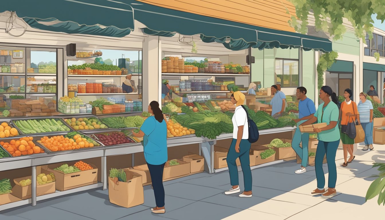 A bustling local food co-op in Huntington Beach, CA, with vendors selling fresh produce and goods, customers browsing and chatting, and a sense of community and cooperation in the air