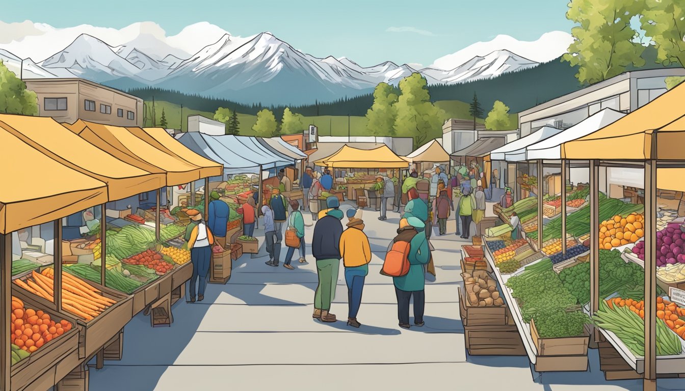 A bustling farmers market with colorful stalls showcasing fresh produce, homemade goods, and local eateries in Anchorage, AK