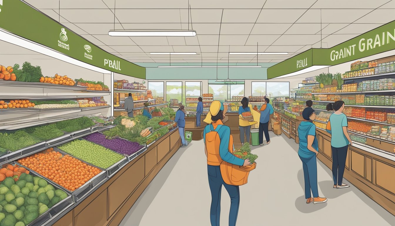 A bustling local food co-op in Saint Paul, MN, with shelves stocked full of fresh produce, bulk grains, and locally made products. Customers browse the aisles, chatting with friendly staff