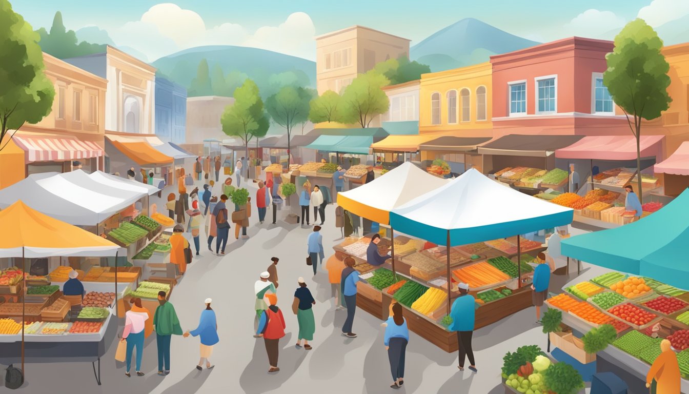 A bustling outdoor market with vibrant stalls and friendly vendors selling fresh produce, baked goods, and locally sourced products