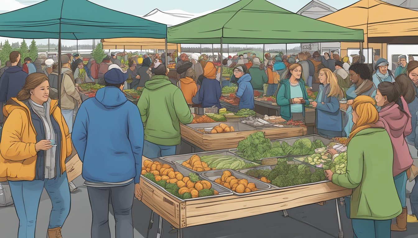 A bustling local food event in Anchorage, Alaska, with community members engaging with vendors at a food coop guide