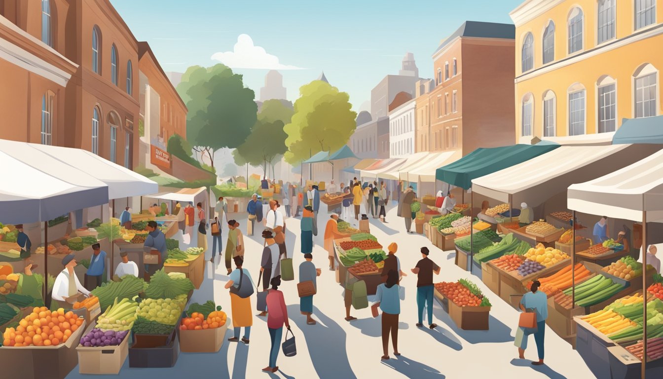 A bustling farmers' market with vendors selling fresh produce and local goods, surrounded by a diverse group of shoppers browsing and chatting