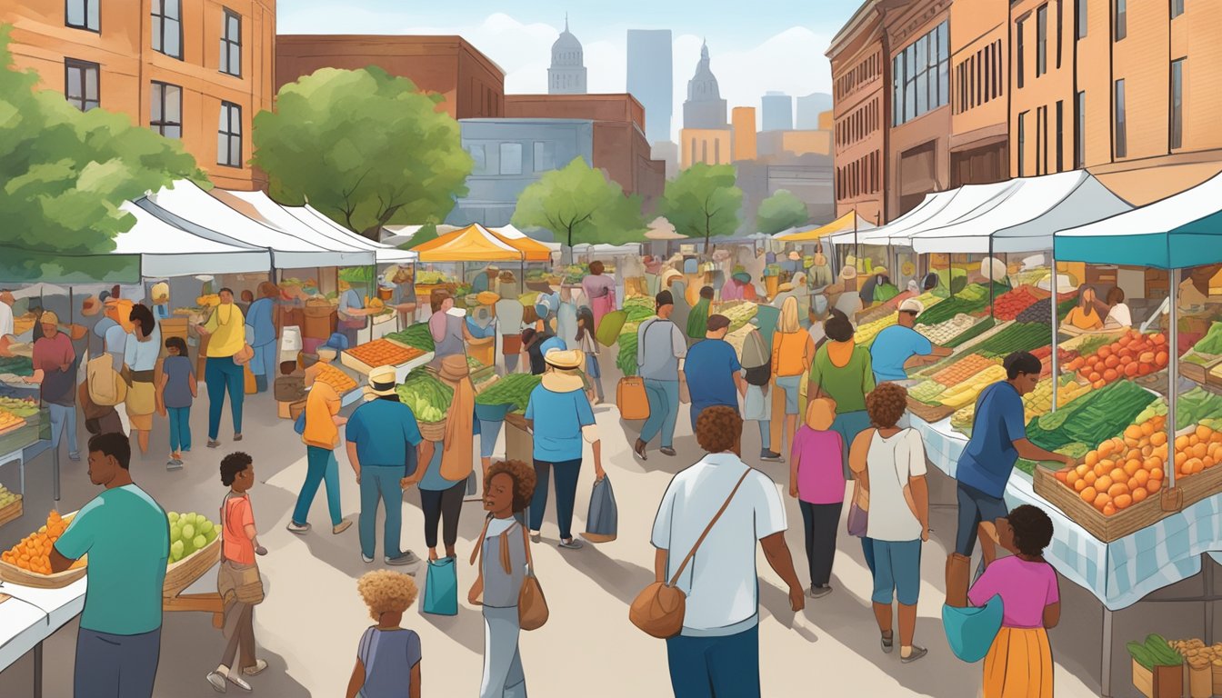 A bustling farmers market with colorful stalls of fresh produce, local honey, and artisanal cheeses, surrounded by a diverse community in Saint Paul, MN