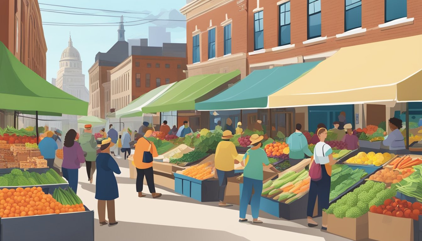 A bustling farmers market with colorful displays of fresh produce, artisanal goods, and local specialties at the Saint Paul Co-ops