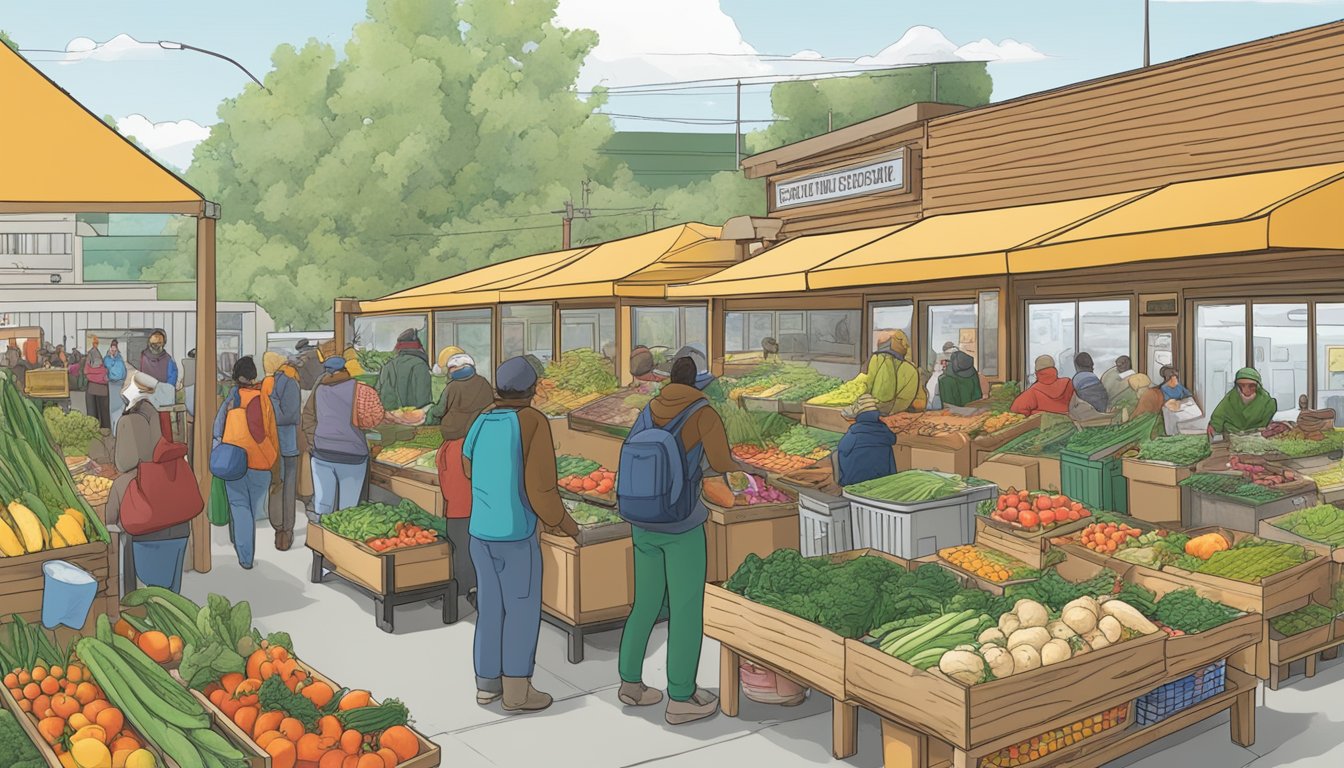 A bustling local food coop in Anchorage, AK, with diverse produce and community members supporting food security