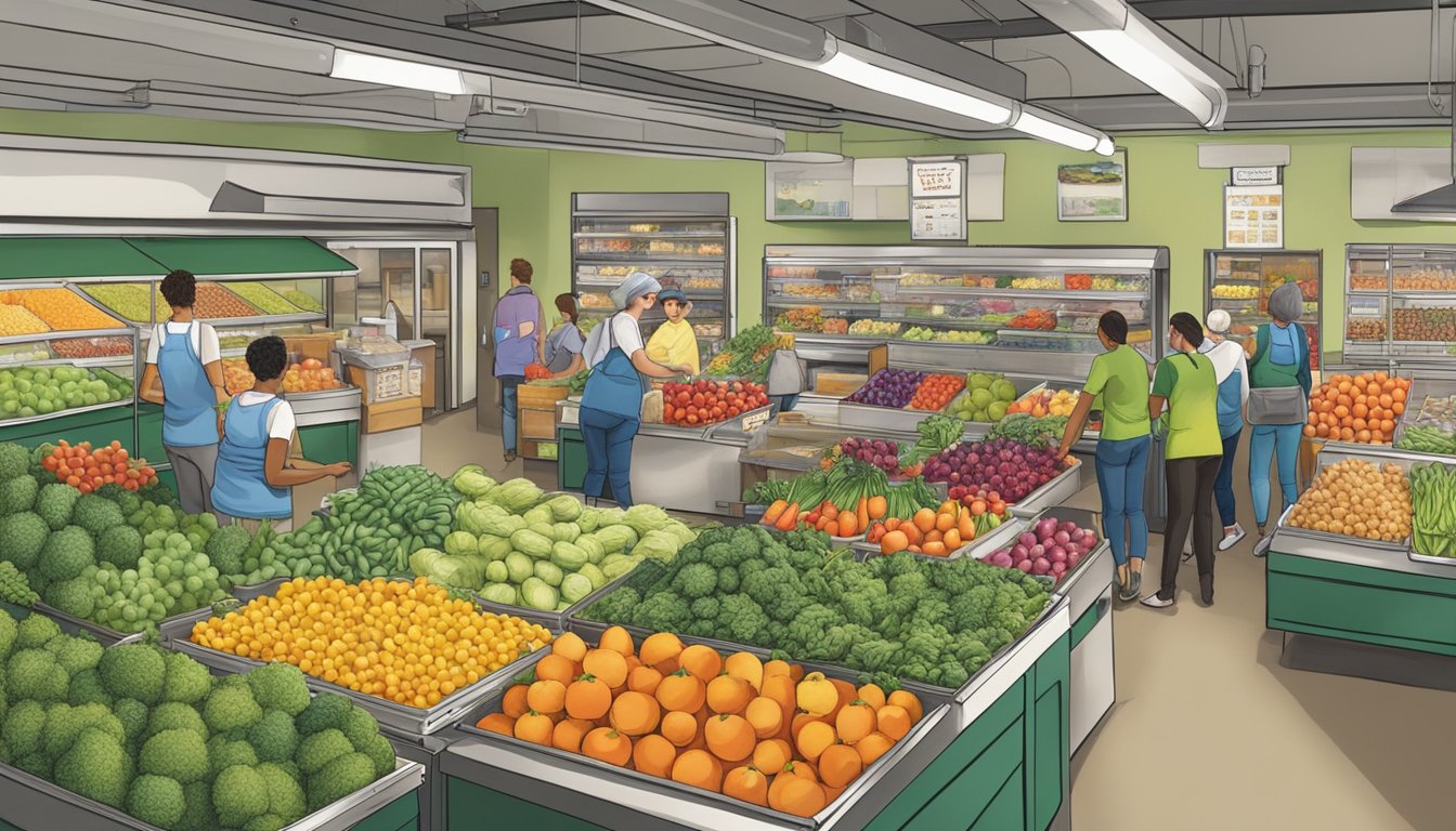 A bustling local food co-op in Saint Paul, MN, filled with colorful produce, bulk bins, and friendly staff assisting customers