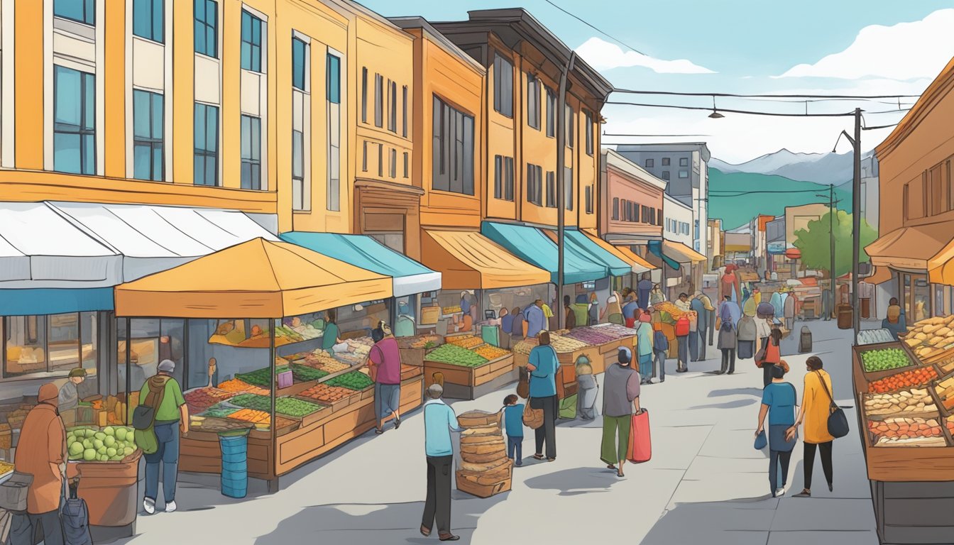 A bustling market street in Anchorage, Alaska, lined with colorful stalls selling local produce, seafood, and artisanal goods. The air is filled with the aroma of freshly baked bread and sizzling street food