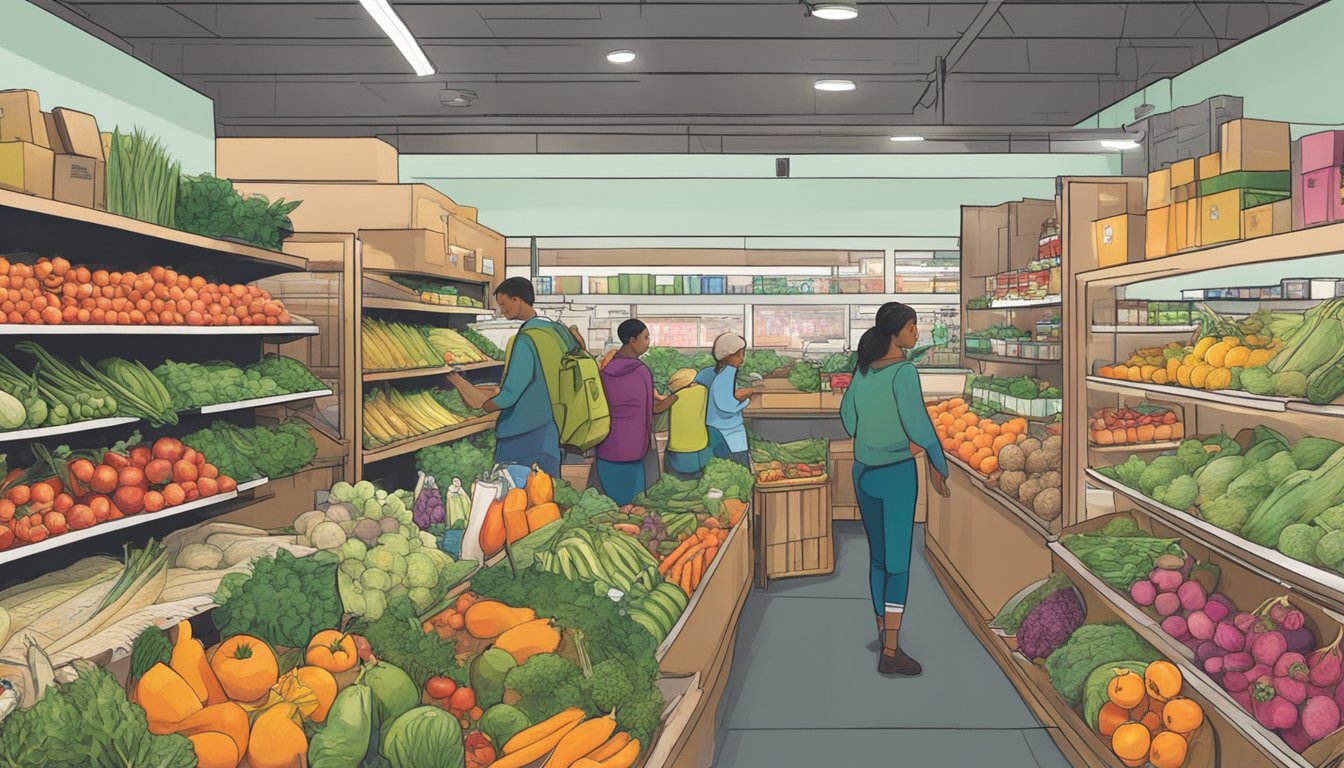 A bustling local food co-op in Saint Paul, MN, with members browsing fresh produce and shelves stocked with organic goods