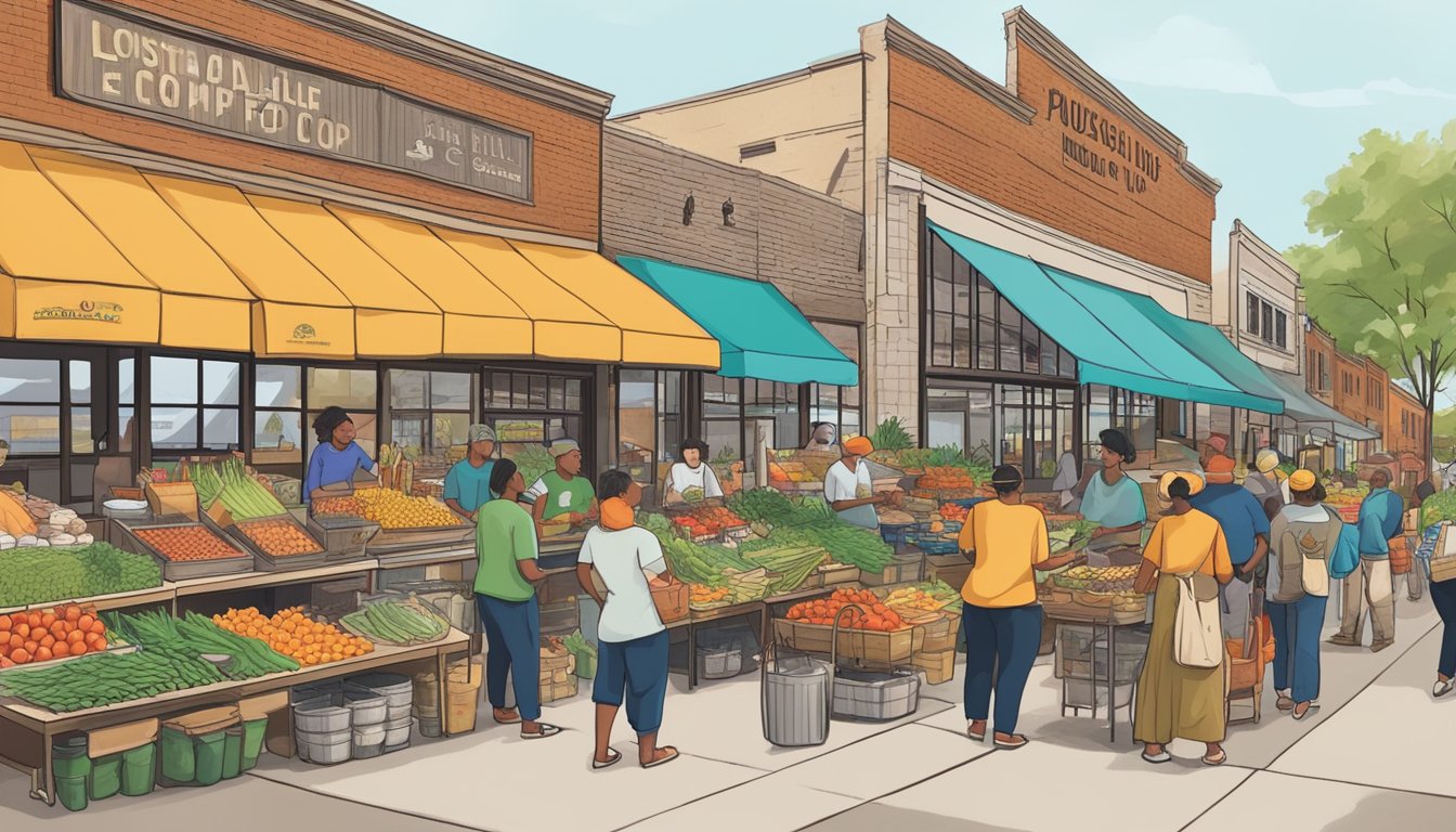 A bustling local food co-op in Saint Paul, MN, with vendors and customers interacting in a vibrant and diverse marketplace