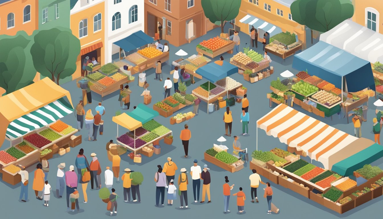 A bustling farmers market with colorful stalls and diverse produce, surrounded by community members chatting and sampling local goods