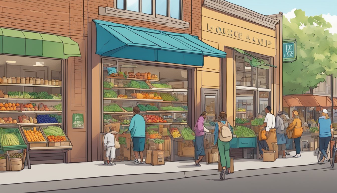 A bustling local food coop in Saint Paul, MN with colorful signage and people browsing fresh produce and artisan goods