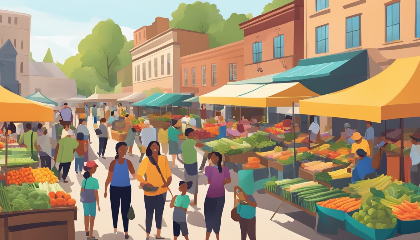 A bustling farmers' market with colorful stalls and diverse produce, surrounded by smiling locals and a sense of community