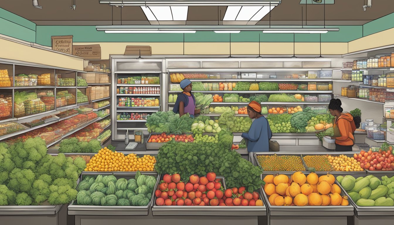 A bustling local food co-op in Saint Paul, MN, filled with colorful produce, shelves of bulk goods, and a community bulletin board for educational resources