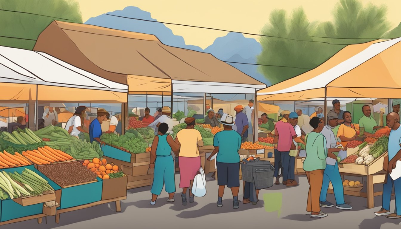 A bustling farmers market with diverse vendors and customers exchanging fresh produce and goods in Tucson, Arizona