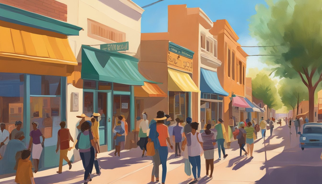 A bustling Tucson street with colorful co-op storefronts and a mix of people entering and exiting. The sun shines overhead, casting a warm glow on the scene