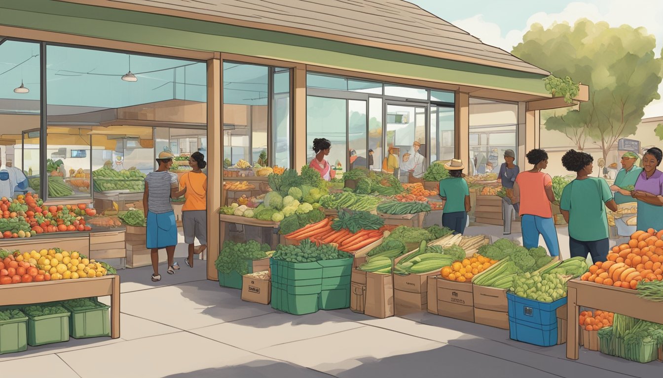 A bustling local food co-op in Chula Vista, CA with colorful produce, friendly vendors, and community members supporting sustainable farming