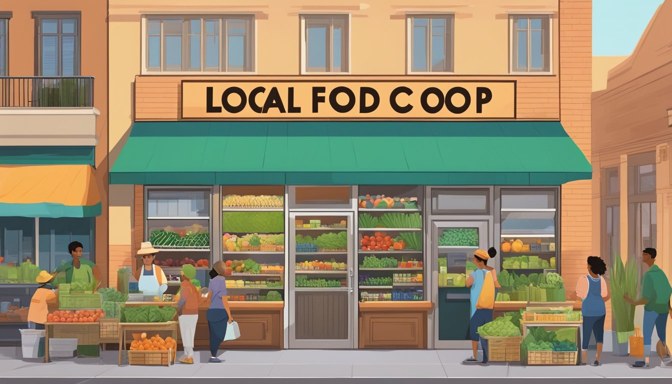 A bustling local food co-op in Tucson, Arizona, with diverse members shopping for fresh produce and products. Vibrant signage and a welcoming atmosphere