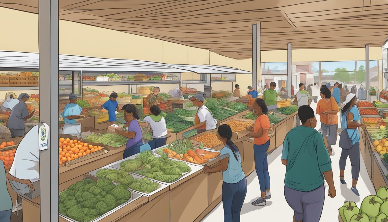 A bustling local food coop in Chula Vista, CA, with diverse produce and community members engaging in food security initiatives