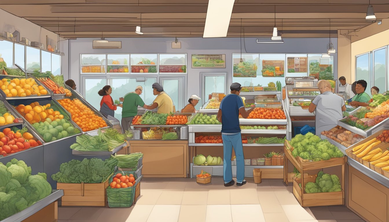 A bustling local food coop in Tucson, Arizona, with diverse patrons and colorful produce displays