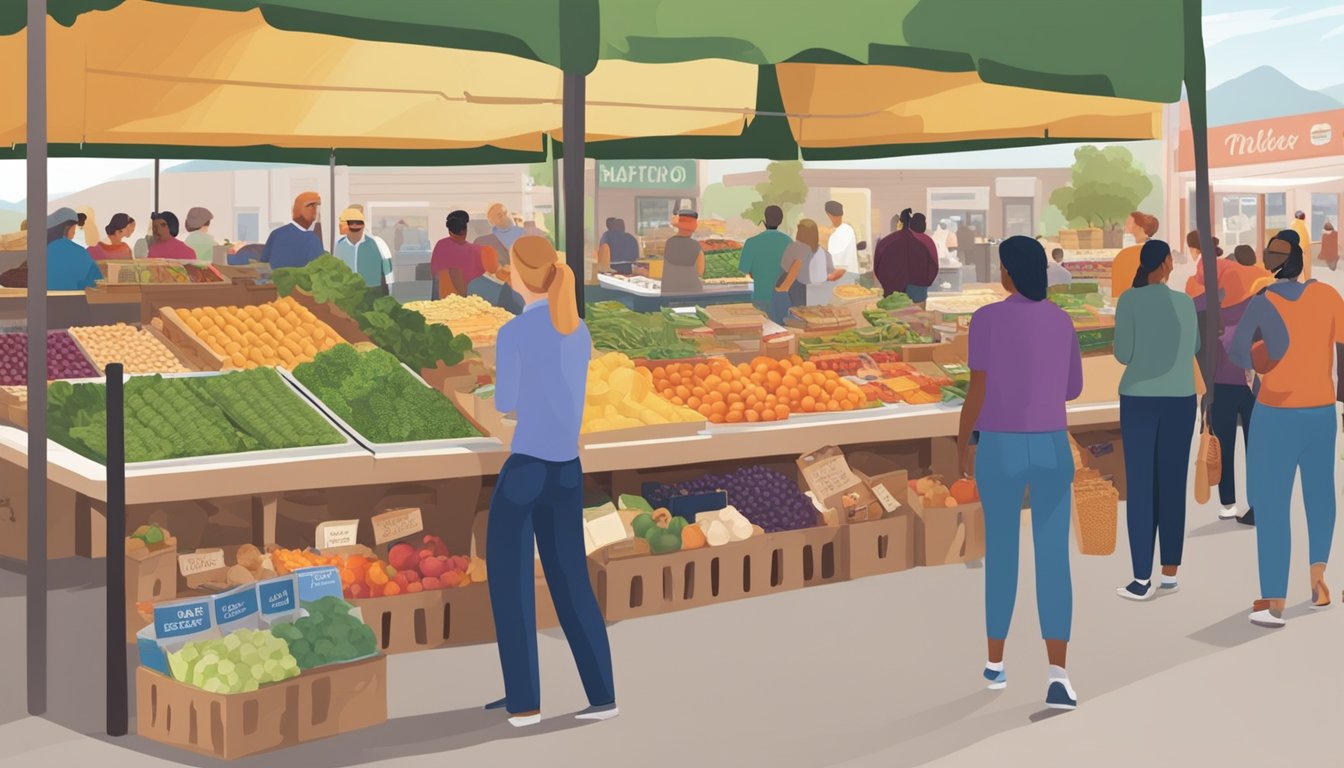 A bustling local food co-op in Colorado Springs, with vendors selling fresh produce, baked goods, and artisanal products to a diverse crowd of shoppers