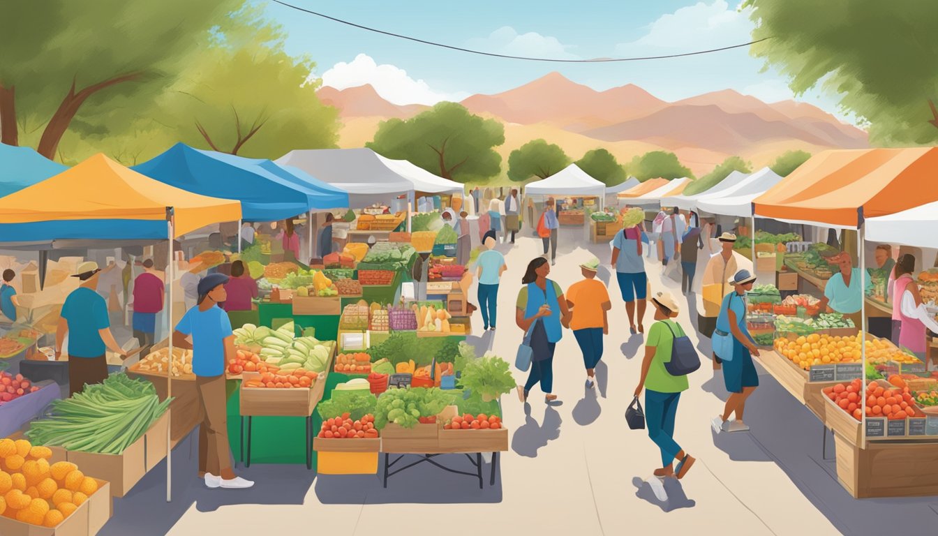 A bustling farmers' market with colorful displays of fresh produce, artisanal cheeses, and locally made goods in Tucson, AZ