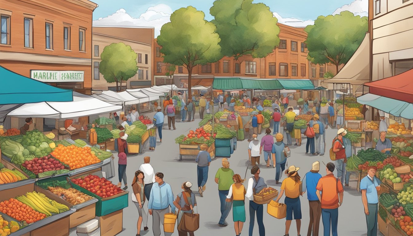 A bustling farmer's market with colorful produce, local vendors, and happy shoppers in Colorado Springs