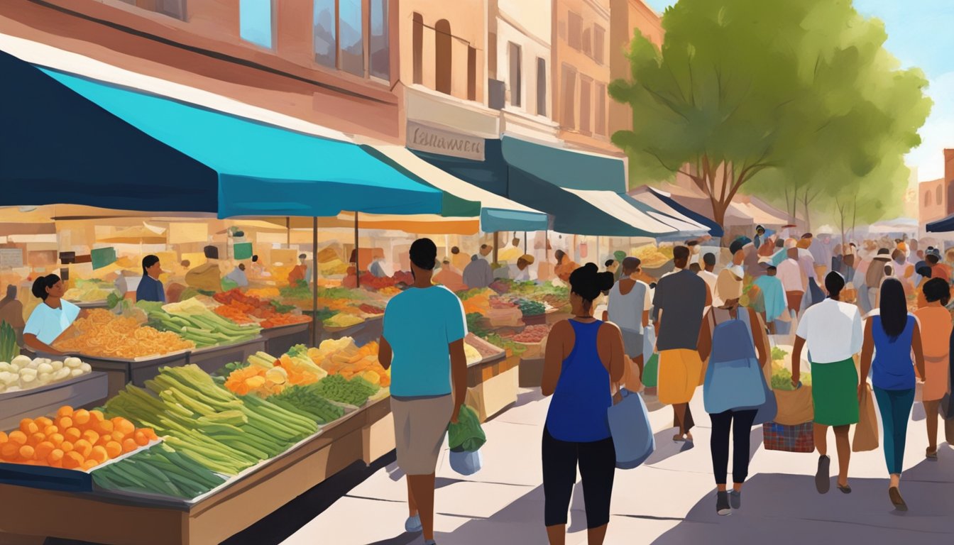 A bustling street market filled with colorful stalls and vendors selling fresh produce, artisanal goods, and local delicacies in the heart of the Fourth Avenue District in Tucson, Arizona