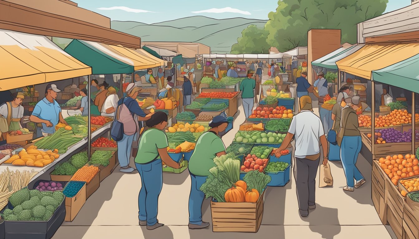 A bustling farmers market with colorful produce, artisanal goods, and local food co-op vendors in Colorado Springs, CO