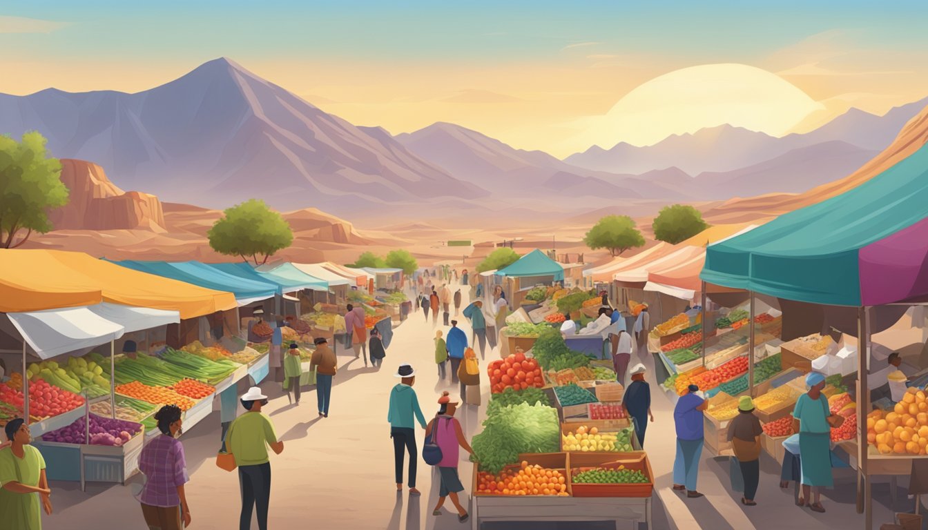 A bustling farmers' market with colorful produce stalls and local vendors surrounded by desert landscapes and mountains in the background