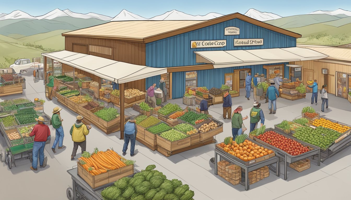 A bustling local food coop in Colorado Springs, with farmers showcasing innovative agricultural products