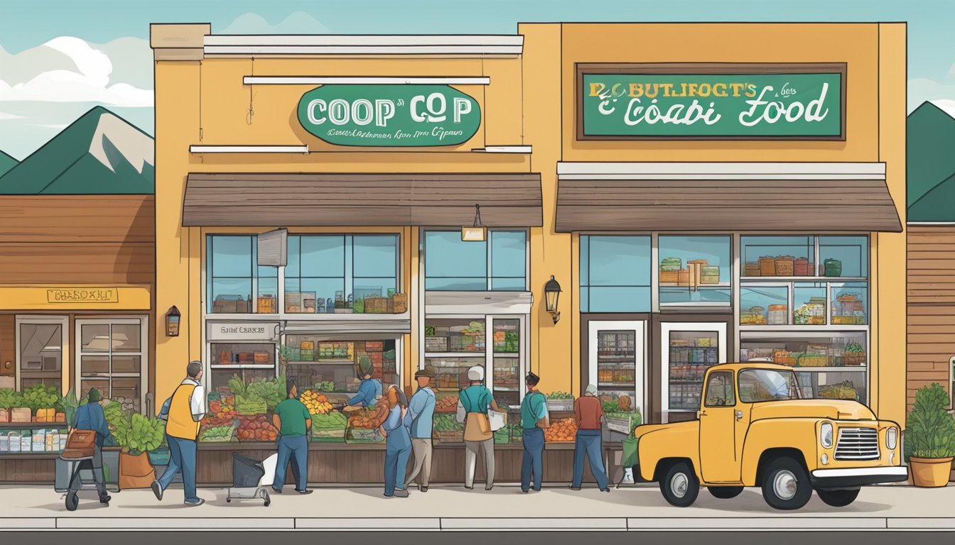 A bustling local food co-op in Colorado Springs, with vendors showcasing their products and engaging in B2B opportunities