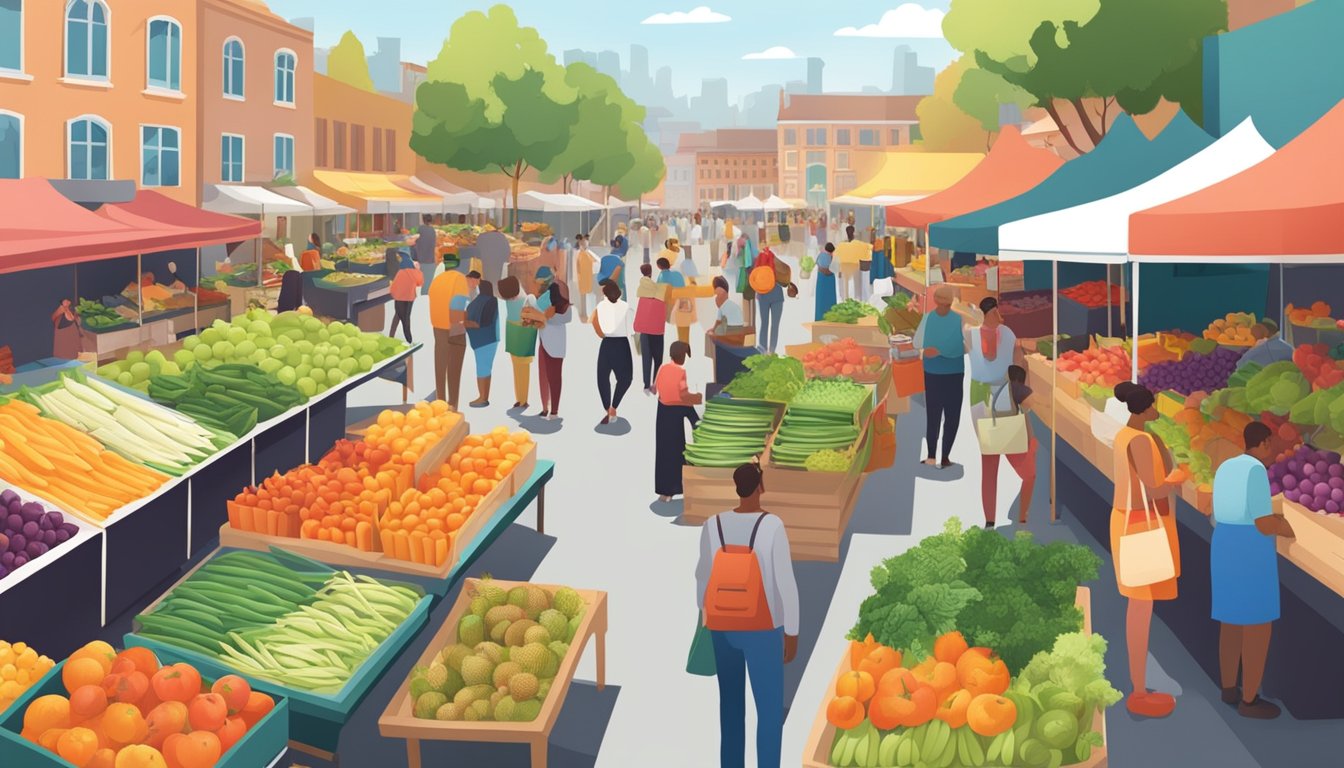 A bustling farmers' market with colorful produce stalls and a diverse crowd browsing and purchasing local goods