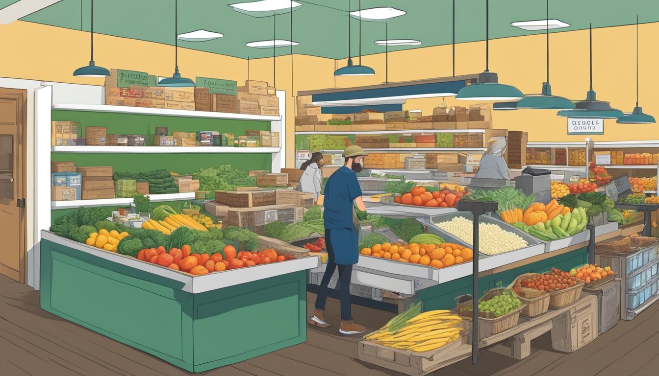 A bustling local food coop in Kansas City, MO showcases seasonal offerings and specialized products. Shelves are filled with fresh produce, artisanal goods, and locally sourced items. Customers browse the vibrant selection