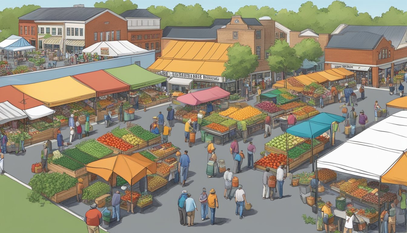 A bustling farmers market with colorful stalls and fresh produce, surrounded by a diverse community in Fayetteville, NC