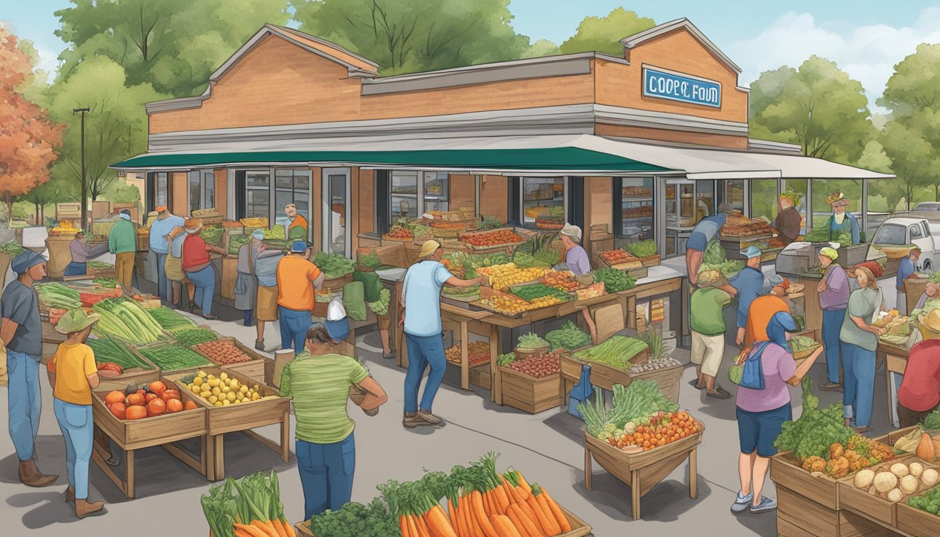 A bustling local food co-op in Kansas City, Missouri, with farmers and producers showcasing their fresh produce and products