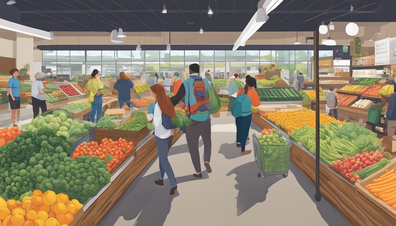 Customers browsing fresh produce and locally sourced goods at Fayetteville's Food Co-Ops. Busy aisles filled with colorful displays and people chatting with vendors