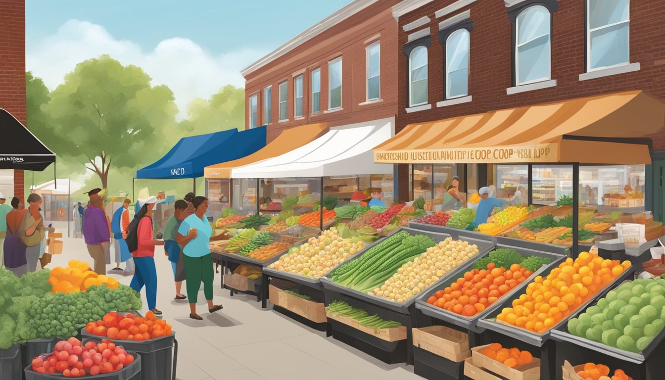 A bustling local food coop in Kansas City, MO, with colorful produce displays, educational posters, and engaged customers seeking health and nutrition guidance