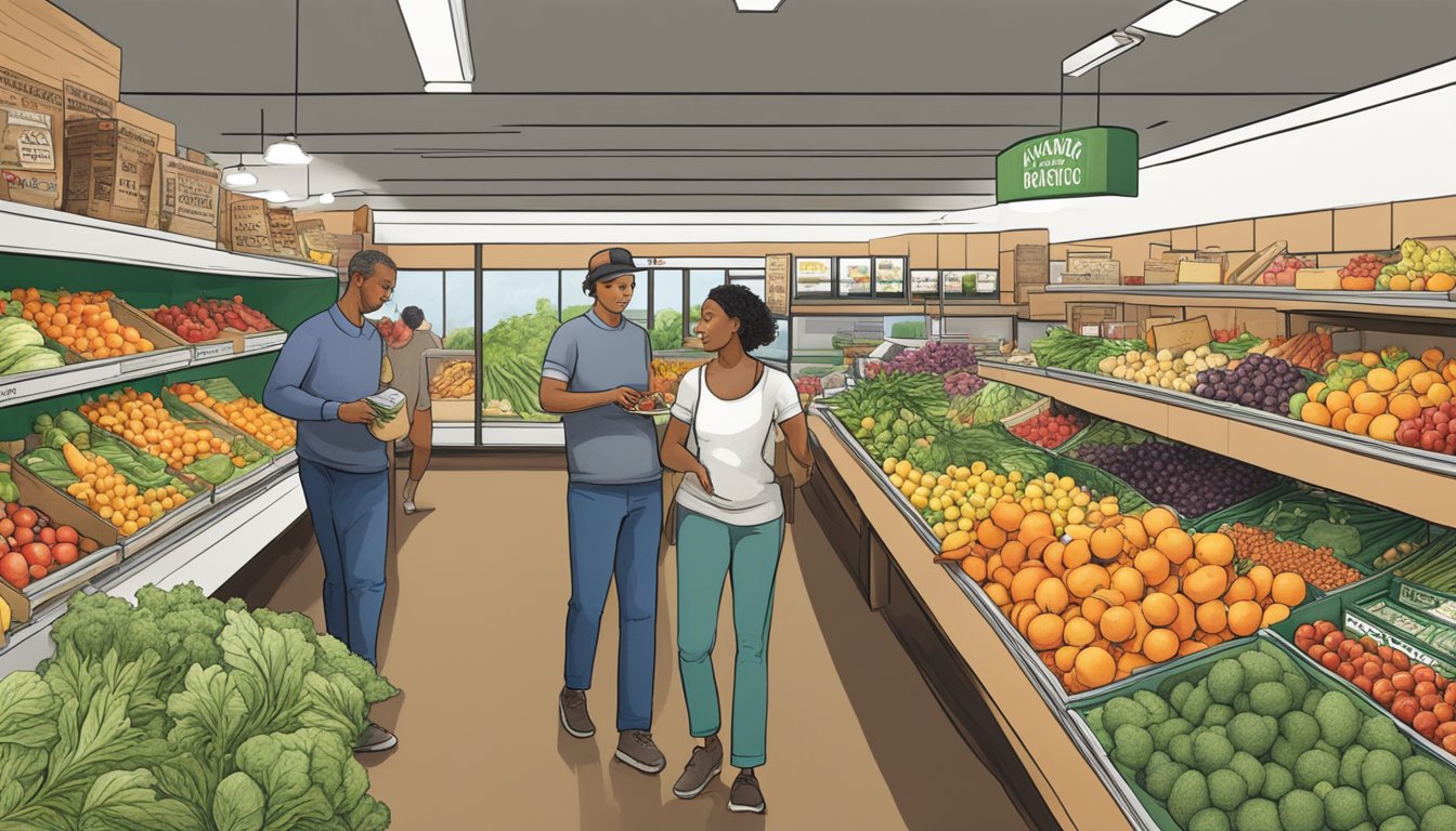 Customers browsing fresh produce at a bustling local food co-op in Kansas City, Missouri