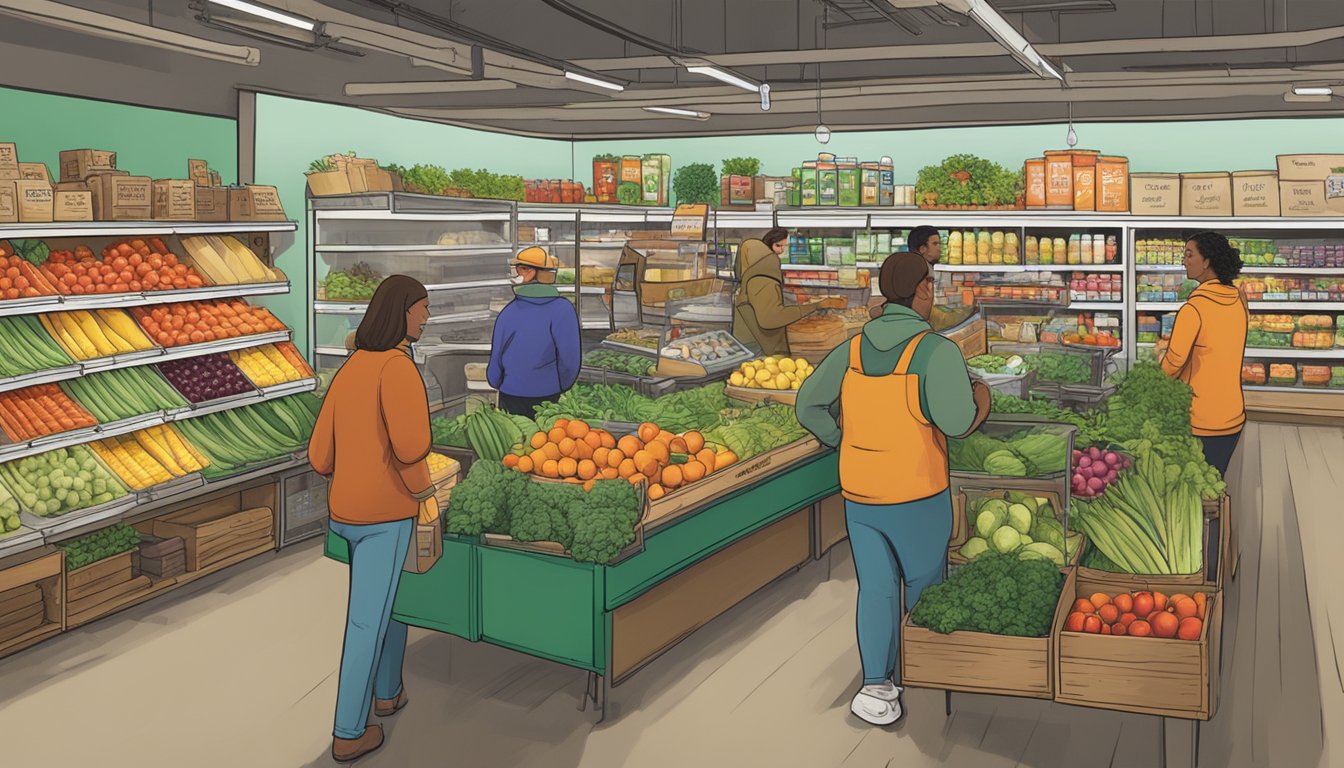 A bustling local food co-op in Buffalo, NY, with shelves stocked with colorful, organic produce and local goods. Customers chat with vendors and peruse the selection