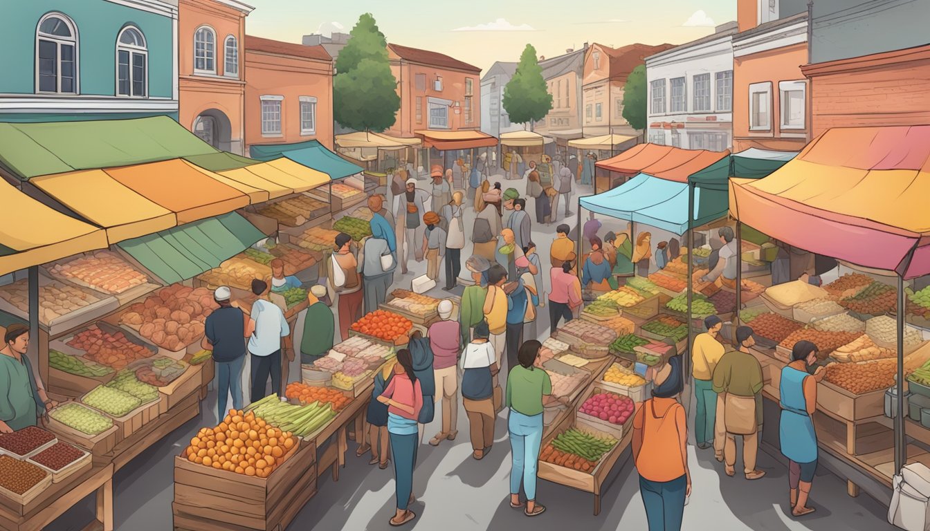 A bustling outdoor market with colorful stalls selling fresh produce, meats, and baked goods, surrounded by eager customers sampling local delicacies