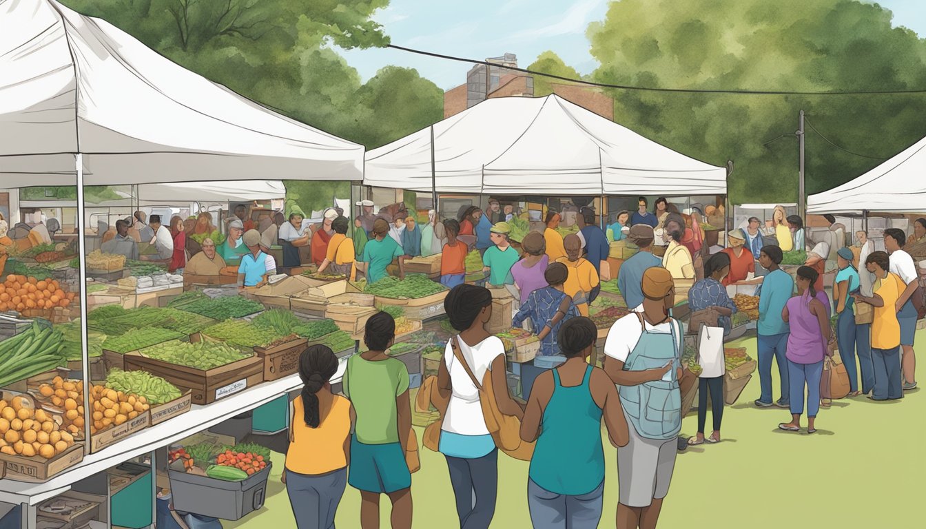 A bustling local food coop event in Fayetteville, NC with educational resources and vendors