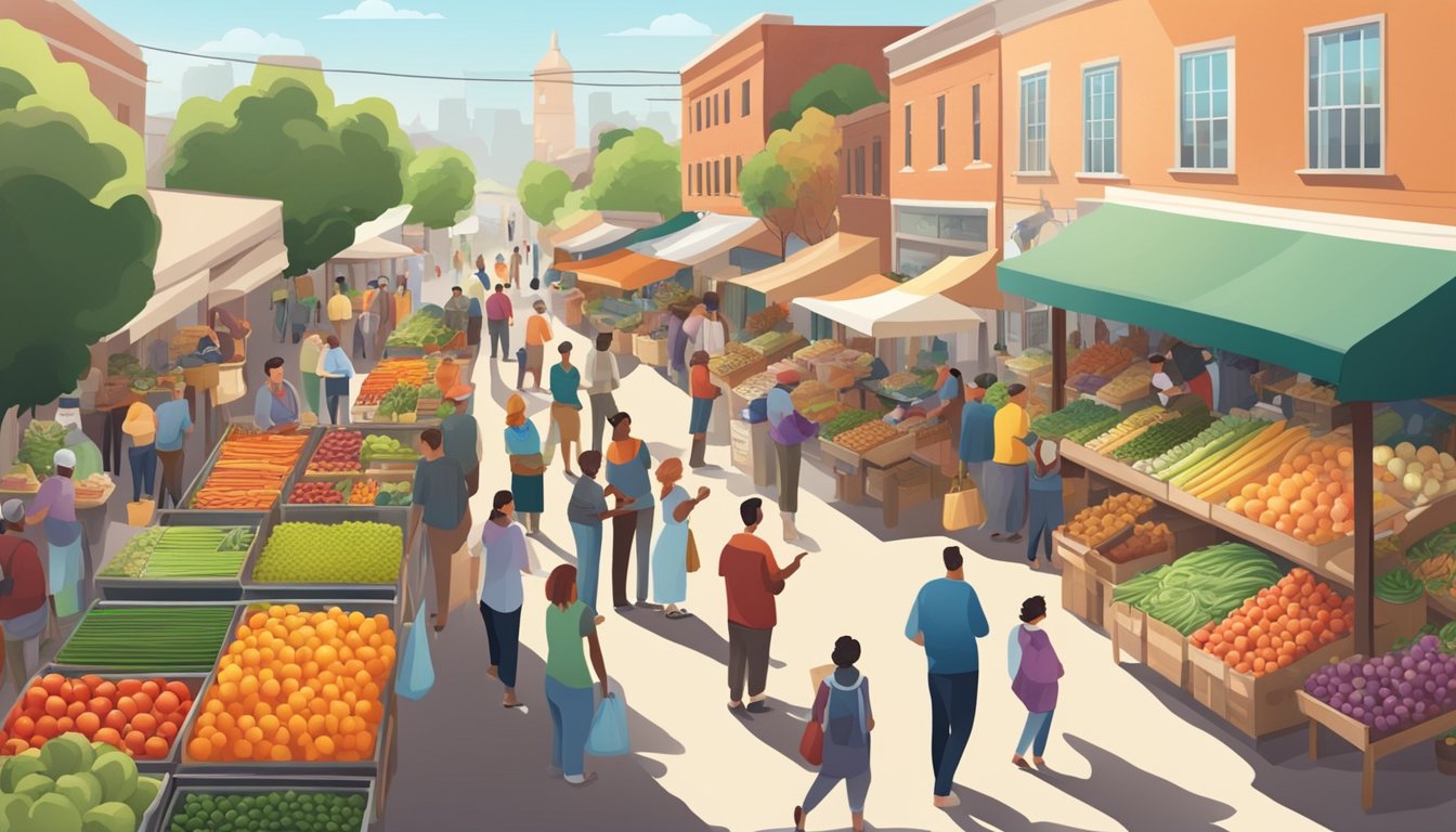 A bustling farmers market with vendors selling fresh produce and locally made goods, surrounded by a diverse community of shoppers