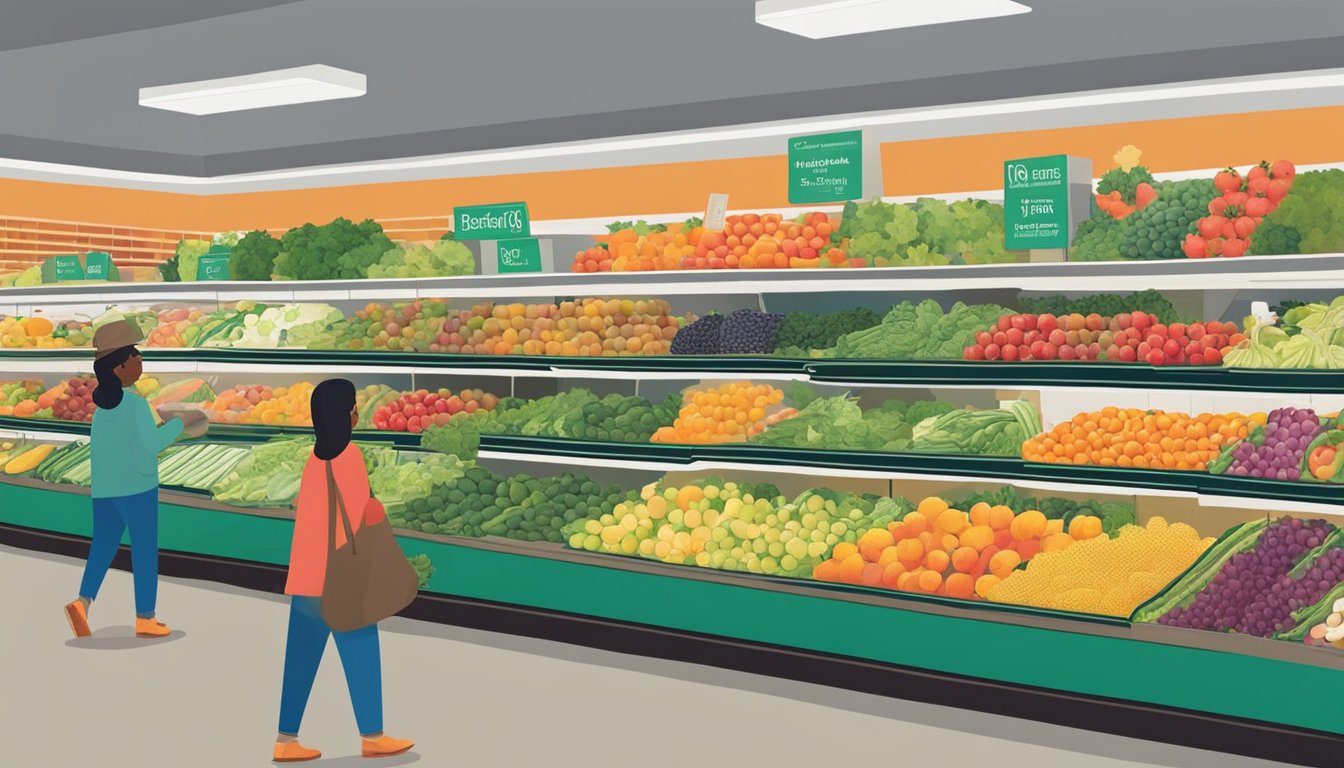 Customers browsing fresh produce at Lexington Co-op. Brightly colored fruits and vegetables line the shelves. Aisles are filled with locally sourced goods