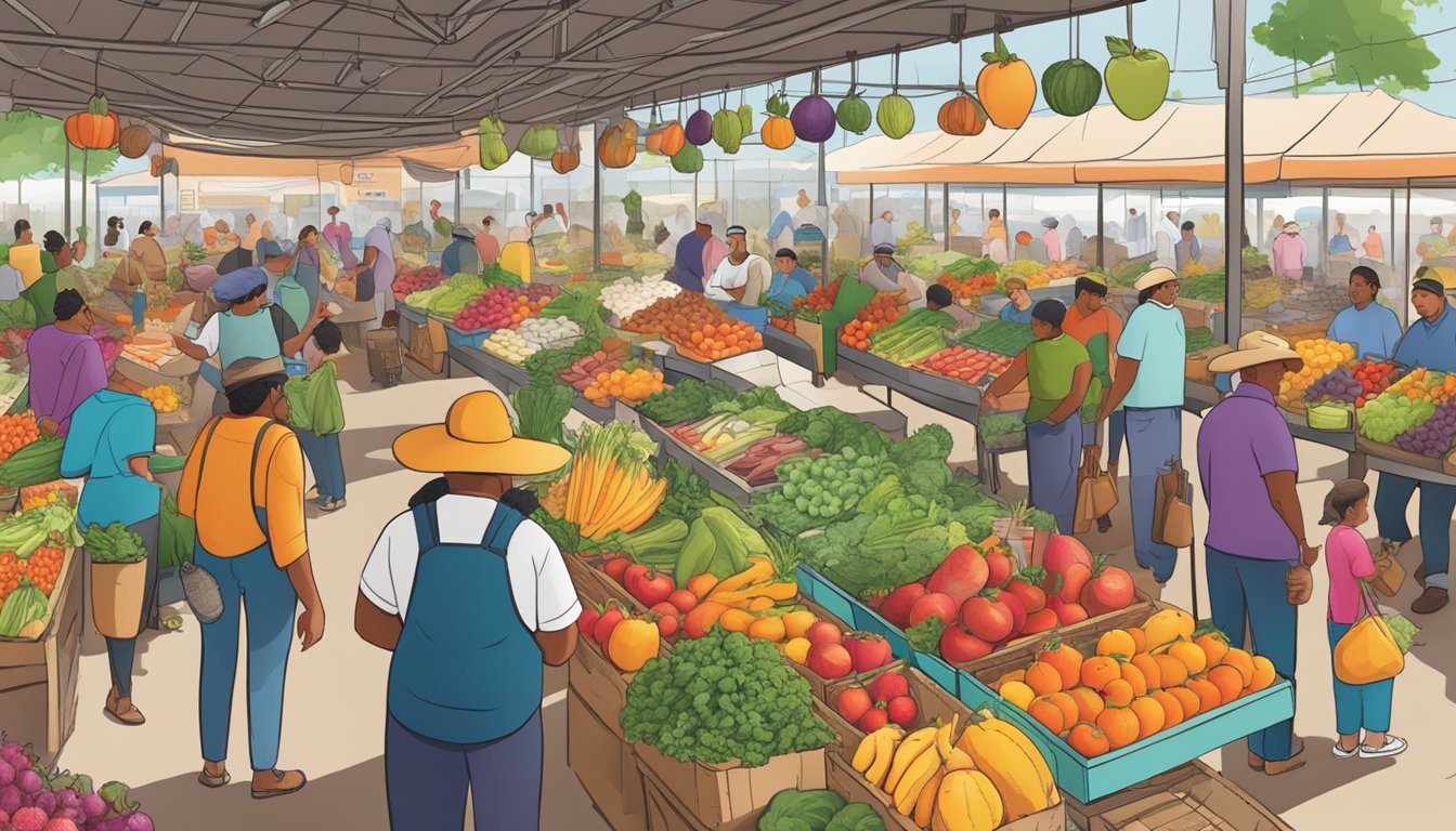 A bustling farmer's market with colorful produce, friendly vendors, and diverse customers browsing through the aisles of a food cooperative in Brownsville, TX