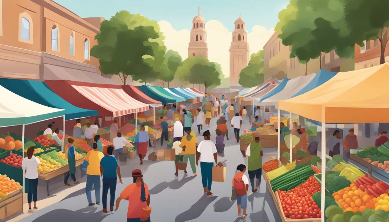 A bustling farmers market in Brownsville, TX, with colorful stalls selling fresh produce, locally made goods, and a diverse community of shoppers