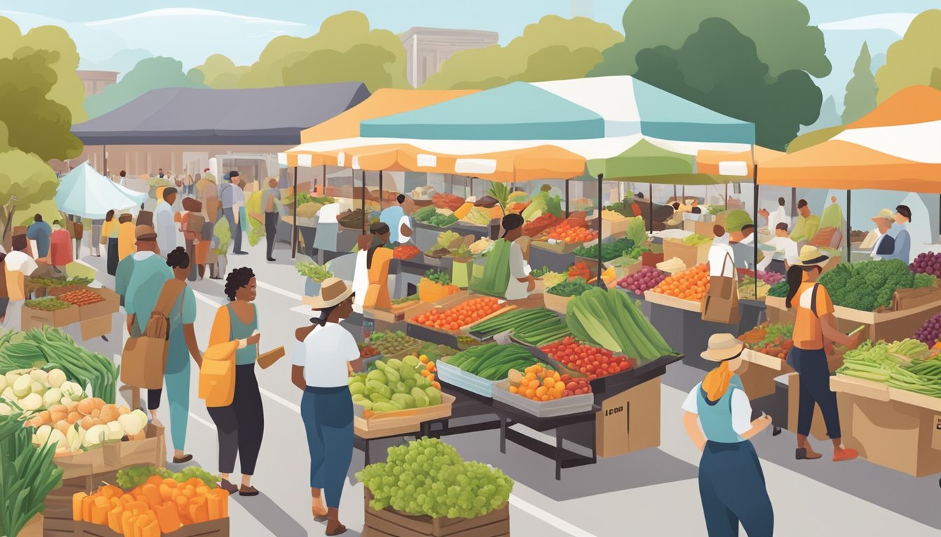 A bustling farmers' market with diverse produce and friendly vendors