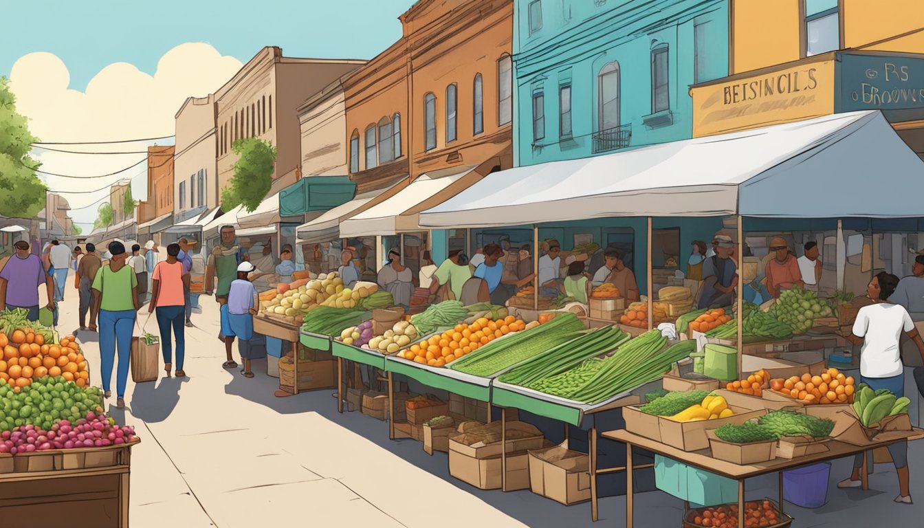 A bustling street market with colorful stalls selling local produce and goods in Brownsville, Texas