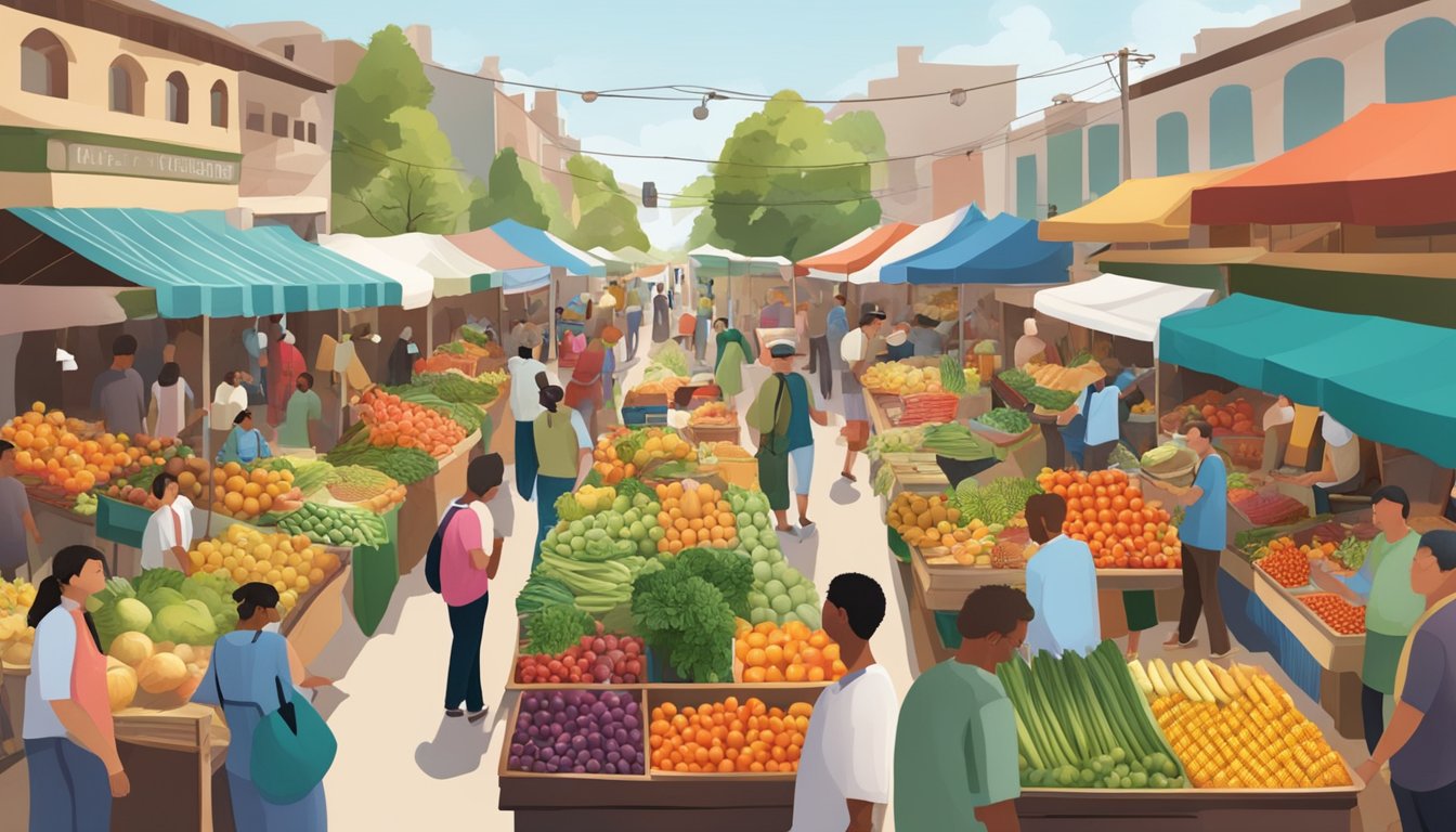 A bustling outdoor market filled with colorful fruits and vegetables, surrounded by enthusiastic shoppers and local vendors