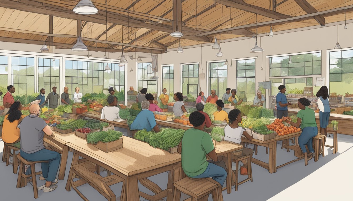 A diverse group of people gather around tables, exchanging produce and discussing sustainable farming practices in a bustling local food co-op in Lincoln, Nebraska