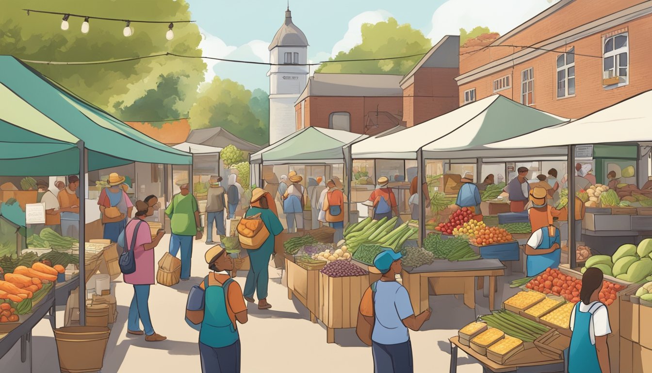 A bustling farmers' market with vendors selling fresh produce, baked goods, and handmade crafts. Customers chat with local farmers and artisans, supporting the local economy through co-ops